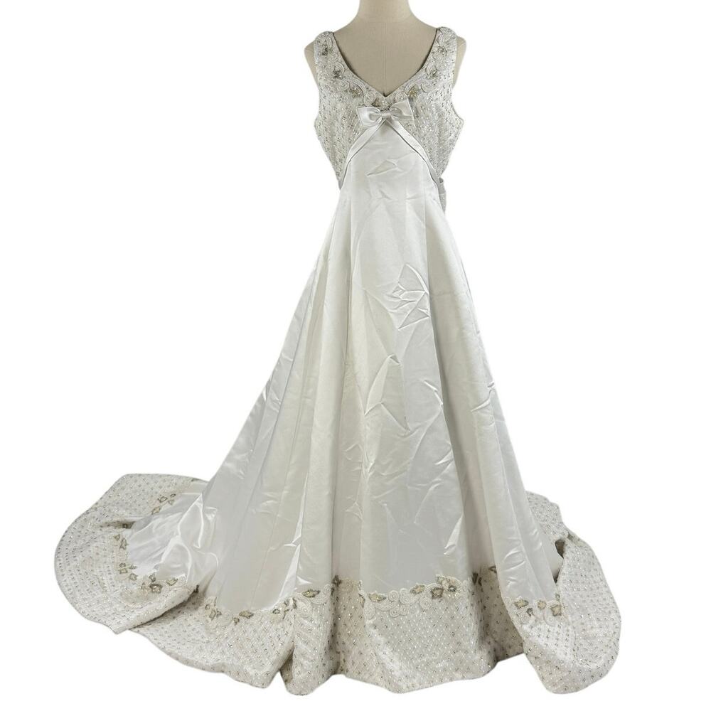 Vintage 90s Venus Beaded White A-Line Wedding Dress Train Women's Size 12W